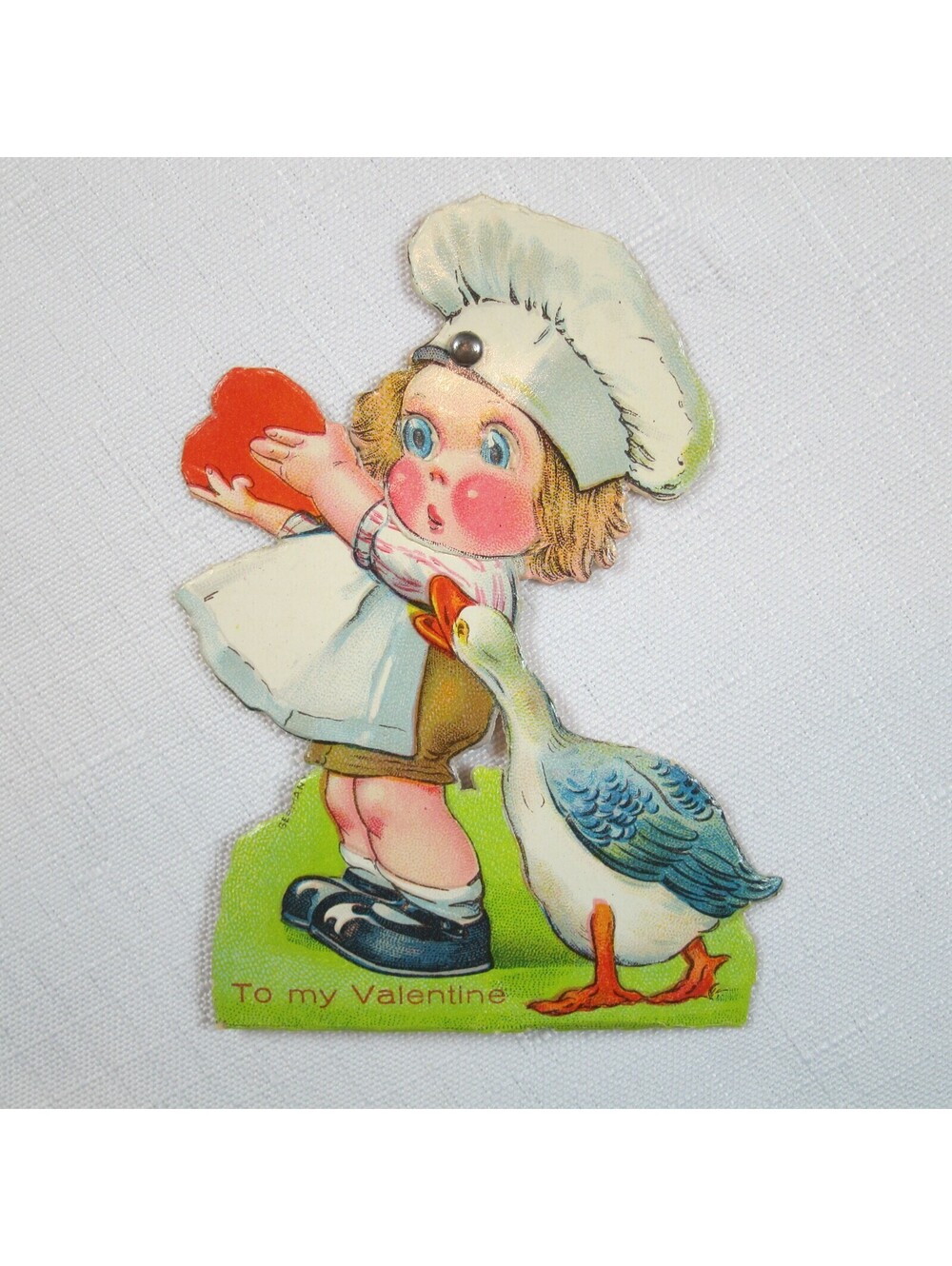 Vintage Valentine Card Mechanical Moving Eyes Chef & Goose Stand Up UNSIGNED